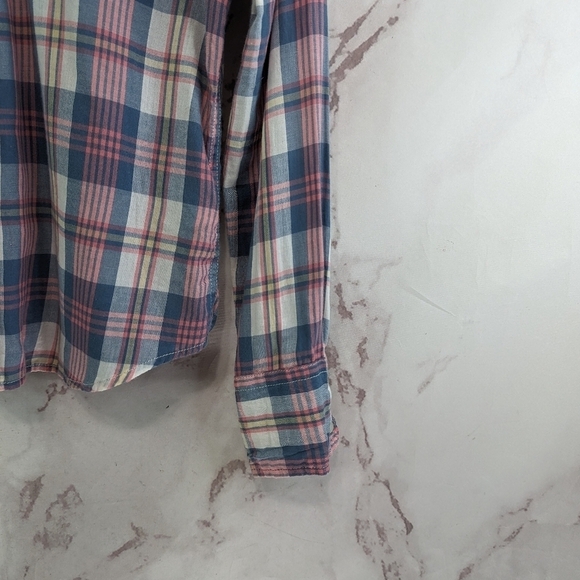 Ralph Lauren Top Women Medium Pink Blue Denim Supply Plaid Button Cowgirl Pearl - Picture 4 of 12